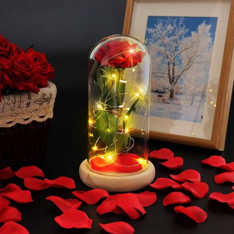 Rose artificielle - Dôme en verre soufflé - LED chaud 20 lumières - Base en bois naturel - Décoration intérieure - 1 pièce (1/5)