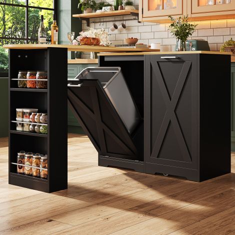 Table extensible et pivotante à 360° avec rangement, 1 porte et meuble de cuisine pour poubelles, porte-épices, en MDF, noir (1/5)