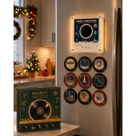 Boîte à musique magnétique de Noël pour réfrigérateur - Coffret musical magnétique NFC - Lecteur CD - Boîte à musique de Noël - Avec 9 mini-disques vinyles NFC - Rechargeable par USB-C - 256 Mo - Déco (1/5)