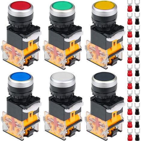 Lot de 6 interrupteurs à bouton-poussoir momentanés 440 V, 22 mm, 10 A, 5 couleurs (rouge/bleu/vert/blanc/jaune/noir), LA38-11, 1 NO, 1 NF, pour montage DIY, avec 24 bornes à fourche (1/5)