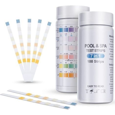 100er-Packung Pool-Teststreifen, 7-in-1-Pool-Teststreifen für Pool, Spa und Whirlpool, Wasserqualitätsanalyse – Gesamthärte, Brom, freies Chlor, pH-Wert, Cyanursäure und Alkalinitätsgrad