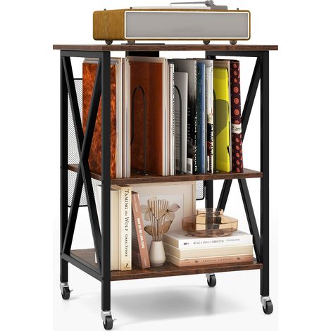Costway – Meuble tourne-disque vinyle – Table d’appoint à roulettes avec station de charge – 2 prises, 2 USB, 1 Type-C – Support audio multifonctionnel