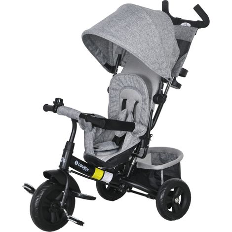 Triporteur 6-en-1 avec poussoir, tricycle enfant avec auvent amovible, coussin, draisienne avec harnais 5 points, panier, porte-gobelet, pour enfants 1-5 ans, Gris (1/5)