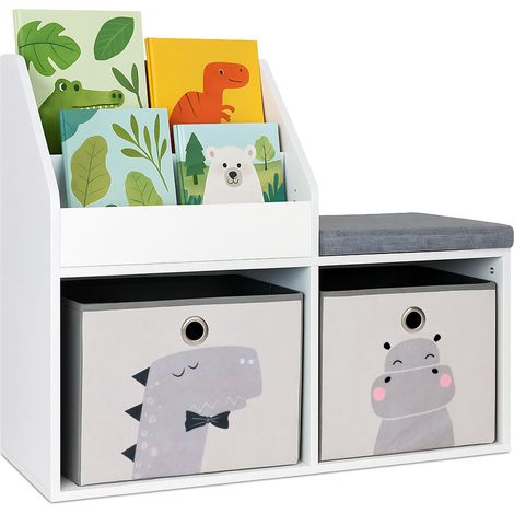 Relaxdays children's bench with storage, HWD: 72 x 79 x 31 cm, 2 foldable boxes, bookshelf, padded seat, white/grey
