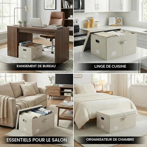 Large Foldable Storage Box with Lid, Decorative Linen Storage Bin, Cube Basket Handles, Beige (58 x 40 x 30 cm) (1/4)