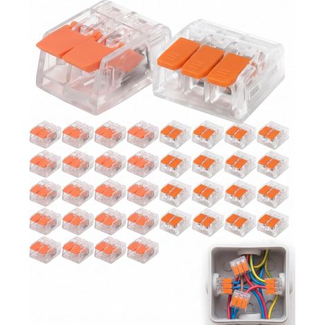 50 Bornes de Connexion Automatique (30x 2 et 20x 3 Entrées), Connecteur Électrique Rapide Sans Outil pour Boîte de Dérivation, Domino de Raccordement Électrique Sécurisé (1/5)