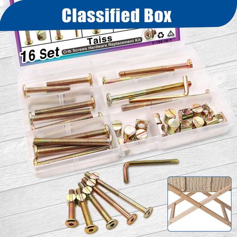 Set di 16 viti per culle e mobili – viti M6, dadi a inserto e dadi a inserto per letti, sedie e mobili (finitura color argento) (1/4)