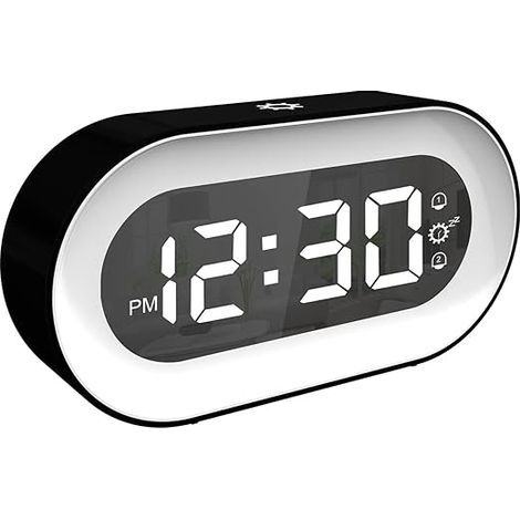 Réveil numérique, lumière et Volume réglables, Horloge de Chevet avec Double Alarme, Fonction répétition et arrêt Automatique, Alimentation par Piles et Chargement USB pour (1/5)