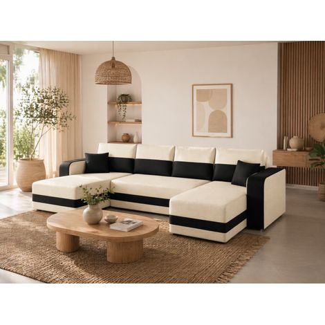 NOLATIO U - Canapé d'angle panoramique convertible - Beige et noir (1/5)