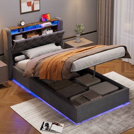 Letto imbottito 90x200 cm grigio in tessuto con testiera (1/5)