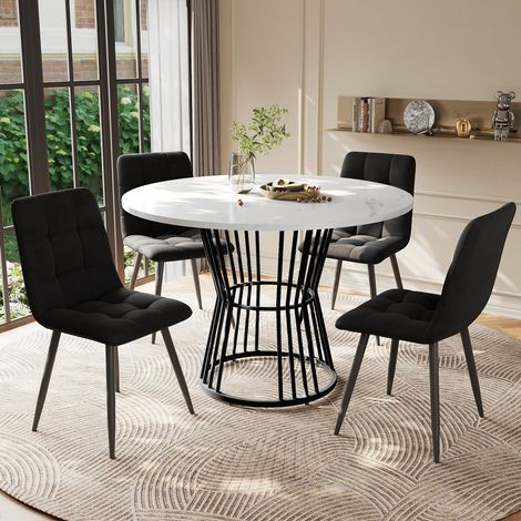 MEUBLIV Ensemble table à manger ronde 100 cm avec 4 chaises velours noir MDF finition marbre (1/5)