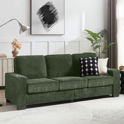Canapé droit 206x72x86 cm en velours côtelé vert olive, avec porte-gobelets, pour salon FloraGrace (1/5)