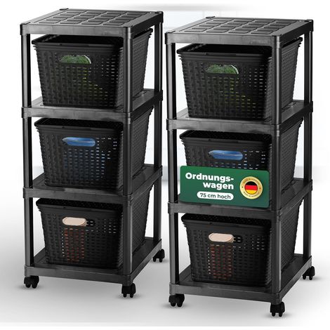 Novaliv 2x chariot à roulettes 4 niveaux avec 6x panier en rotin et couvercle noir, étagère de salle de bain chariot de rangement de cuisine de salle