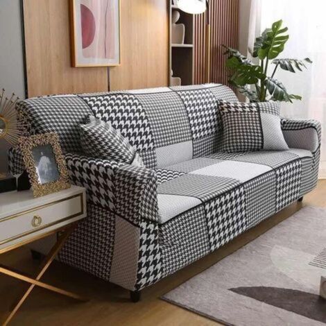 Housse de Canapé 2 Place 140-180cm Couverture Canapé avec Accoudoirs Moderne Couvre Canapé Elastique Universelle Revêtement de Canapé Housse de Protection Plaid noir et blanc (1/3)