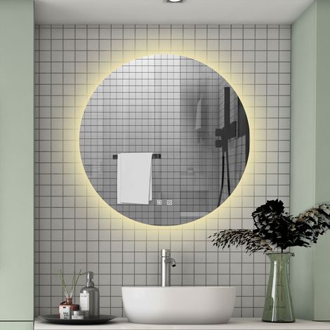 10001000MM Round LED Mirror with Dimmable 3 Colors LED , Anti-fog, Memory Function, Touch and wall switch