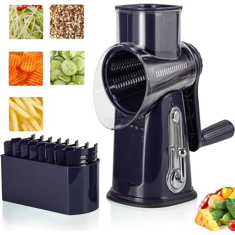 Râpe rotative 5 en 1 avec poignée, lames en acier inoxydable, hachoir à légumes, râpe à fromage, noix, carottes, chou, ustensile de cuisine, design compact, multifonctionnelle, violette (1/5)