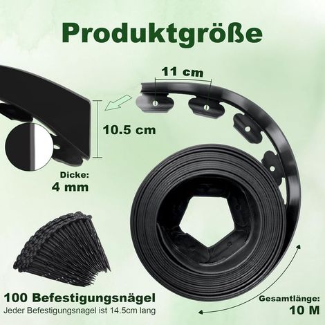 10 Meter lange, flexible Gartenbegrenzung aus Kunststoff für den Außenbereich, 10 cm hoch, mit 100 Befestigungspfählen, Gartenbegrenzung zur Abgrenzung von Rasenflächen, Wegen und Blumenbeeten (1/5)
