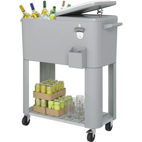 Mini frigo 76L roues étagère ouvre-bouteille plastique métal acier 92x39x81 cm argent