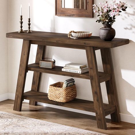 Tribesigns Table en bois massif, table d'entrée de style campagnard de 120 cm de long avec 3 niveaux d'étagères, tables de canapé rectangulaires derrière le canapé, tables d'appoint étroites (Marron f