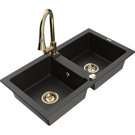 Mexen Mario lavello da cucina in granito 2 vasche con rubinetto Elia, nero/oro metallizzato - 6504-75-670101-50 (1/5)
