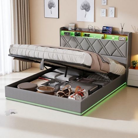 Cama 140x200 cm, Cama doble 140x200 cm con somier, Cama con arcón 140x200 cm, Arcón de cama, Iluminación LED, Tela de lino, 2 personas, Gris (1/5)