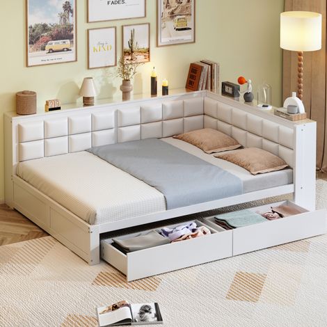 lit adulte lit 140x200 rangement bois blanc OKMYHOME (1/5)