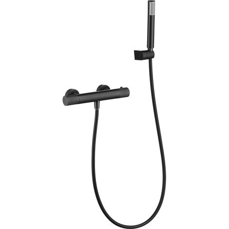 IMEX Set Dusche Serie LINE in gun metal schwarz Brausekörper aus Messing ABS-Duschhalter PVC-Schlauch runde Duschgriff aus Metall Thermostatkartusche TURN CLEAN SYSTEM – Modell Imex-BTD038-5BGM (1/2)