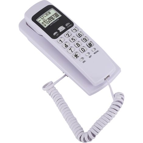 Téléphone mural miniature T555 avec identification de l'appelant, écran LCD rétroéclairé (blanc), idéal pour l'hôtel, la maison ou le bureau. (1/5)
