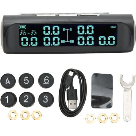 DEESSE SHOP-Système de Surveillance de la Pression des Pneus TPMS Solaires sans Fil, Haute efficacité et Longue Durée de Vie de la Batterie, Affichage en Temps Réel avec 6 Capteurs Externes (1/5)