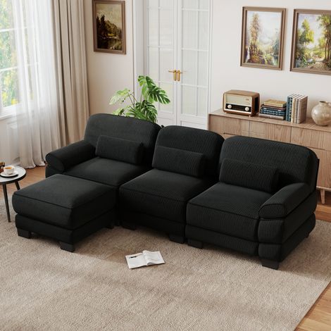 Modulares 3-Sitzer-L-Sofa mit Hocker, schwarzer Cord, 265 x 161 x 94 cm, REDOM (1/5)