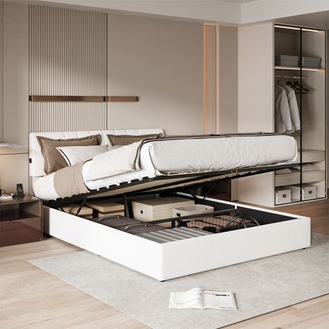Lit coffre double adulte 160x200 cm avec ports USB, velours beige (1/5)