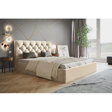 Lit rembourré double 160x200 Molly - Lit avec Rangment, avec Tête de Lit - Velvet Beige (Amor Velvet 4304)