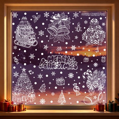 Autocollants de Noël, traîneau, boîte cadeau, autocollants pour vitres, flocons de neige blancs, sapin de Noël, autocollants électrostatiques, décorations de fenêtre, autocollants pour fenêtres.