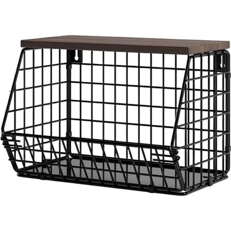 Étagère Murale de Cuisine Pliable - Support Métal Bois pour Comptoir, Panier de Rangement Fruits Légumes, Gain de Place (Petit-30x15.5x21.5cm)