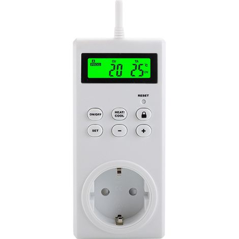 Thermostat programmable sans fil à prise contrôlée en température, modes chauffage et climatisation, capteur de température intégré avec écran LCD rétroéclairé. (1/5)