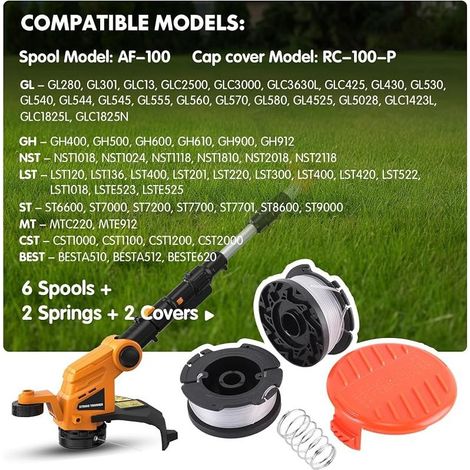 6-teilige Trimmerfadenspule, kompatibel mit Black & Decker Rotofil Blacke + 2 Schutzkappen + 2 Federn. Ersatz-Trimmerfadenspule Modell A6481 A6485 AF-100, Länge 9,1 m, ⌀ 1,65 mm (1/4)