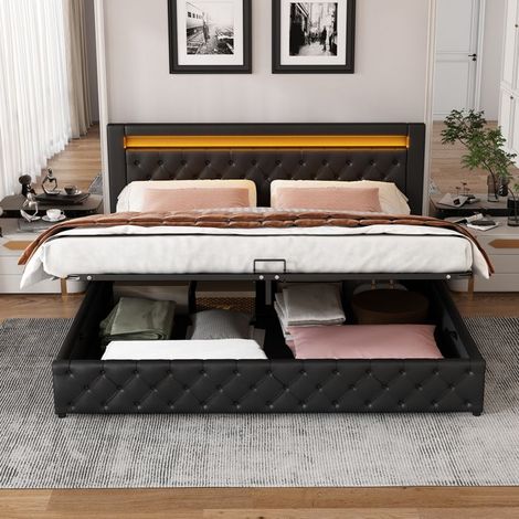 Lit rembourré 160 x 200 cm noir avec sommier à lattes, rangement et éclairage LED (PU) - sans matelas