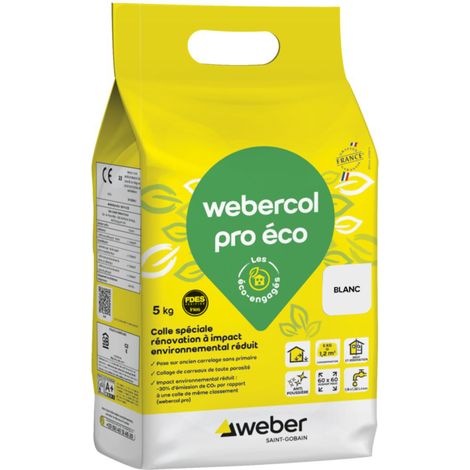 Weber Saint-Gobain Colle carrelage, blanc, spéciale renovation, 5kg, prête à l'emploi, WEBERCOL PRO ENAE, Impact environnemental réduit