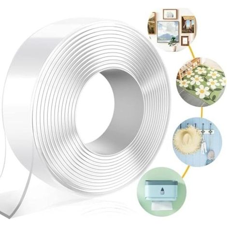 Ruban Adhésif Double Face Extra Fort, Accroche Tableau Sans Percer Puissant Transparent Multifonctionnel Réutilisable Lavable Pour Les Tapis et Les Voitures (5M x 3CM x 2MM)