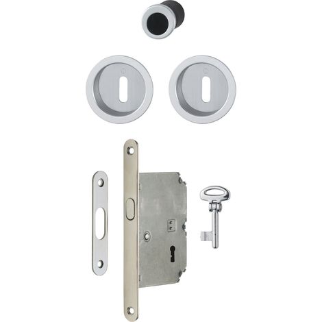 Kit de porte coulissante avec serrure, rosace ronde, Chromsat Poignées coquillages (1/2)