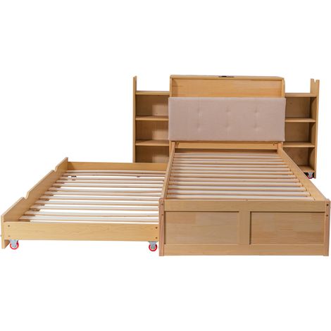 Letto 90x200 cm con letto estraibile, contenitore, testiera imbottita e USB MODENUIT (1/5)