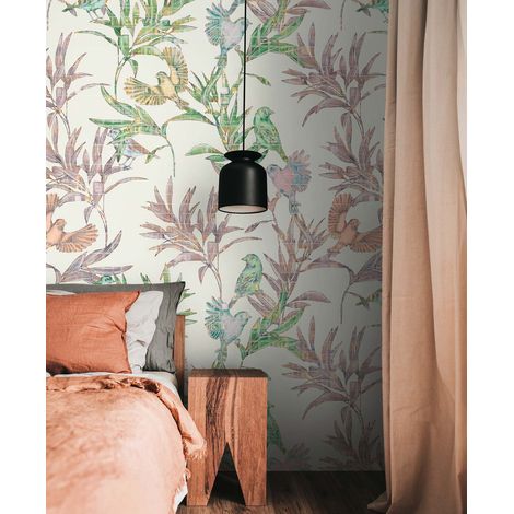 Papier peint intissé Oiseaux Multicolore, Vert, Blanc - 1,59 x 2,8 m (1/3)