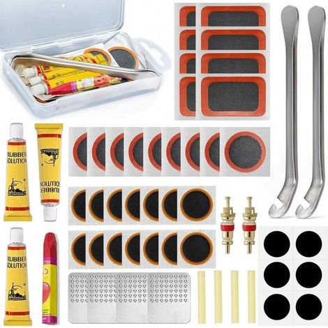Kit d'outils de réparation de pneus pour vélo, avec patchs vulcanisés et disques de meulage métalliques, répare rapidement les crevaisons pour vélos, motos, BMX, vélos de montagne, vélos de route (1/4)