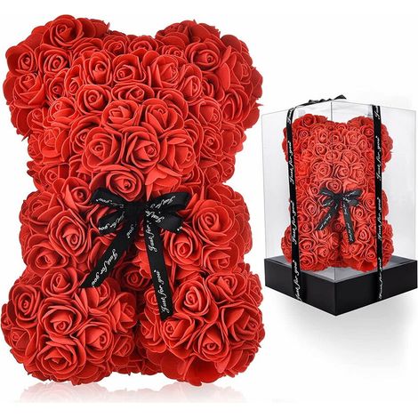 Ours en peluche Madara Rose avec boîte, 25 cm, cadeau de Saint-Valentin pour elle, ours en peluche avec fleurs artificielles rouges, cadeau pour grand-mère, maman, fête des mères, anniversaire-AquaFor (1/5)