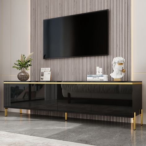 Meuble TV moderne haut brillant, 4 portes, interface câble, liseré doré, rangement pour salon. (1/5)