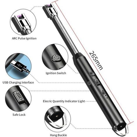 Briquet à arc électrique, rechargeable par USB – Idéal pour la cuisine, le barbecue et le camping (Noir) (1/4)