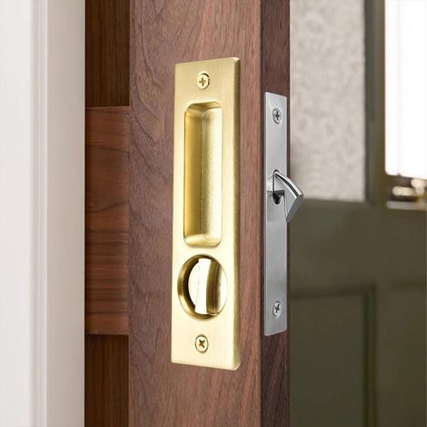 Verrou de porte coulissante avec bouton rotatif pour portes en bois - 160 mm - Poignée de porte encastrée invisible (doré) (1/5)