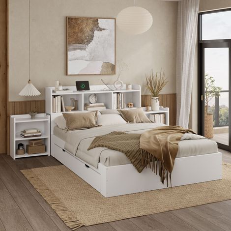 Lit double en bois 140 x 200 cm avec sommier à lattes, tête de lit, 2 tables de chevet coulissantes, rangement, chargeur USB-C et sans fil, tiroirs, blanc