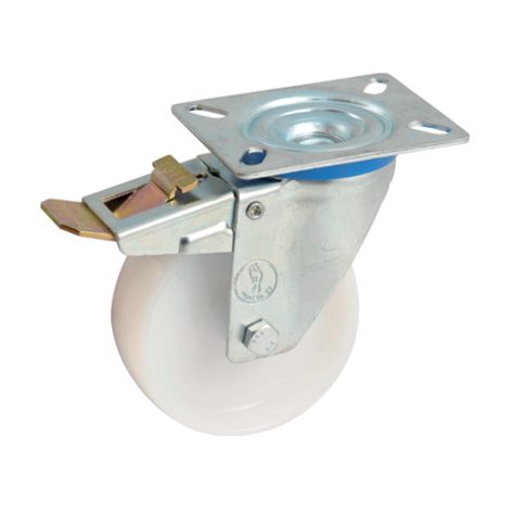 Rueda giratoria con placa + freno AVL - Rueda nylon blanca Ø 100 - Capacidad de carga 150 kg - 590842O