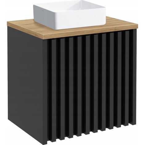Meuble de salle de bain suspendu 60 cm avec vasque à poser et plan vasque – noir mat effet lattes 3D, plateau chêne, 2 portes à fermeture douce (1/5)